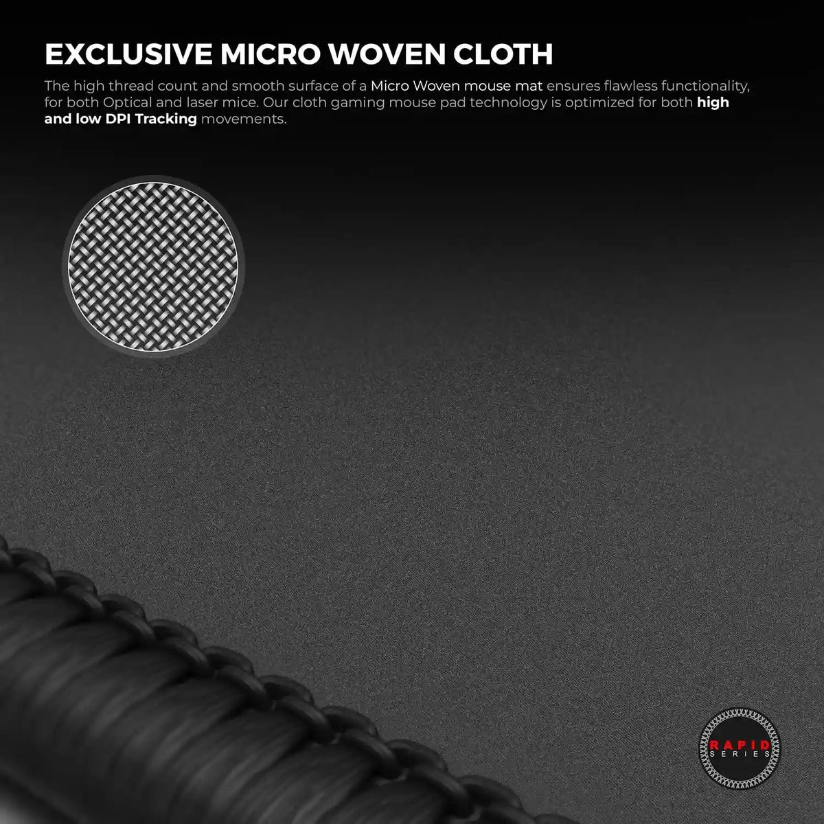 Macro close up of the high thread count micro woven cloth texture on Cybeart Ghost gaming mouse pad -tpstech.in