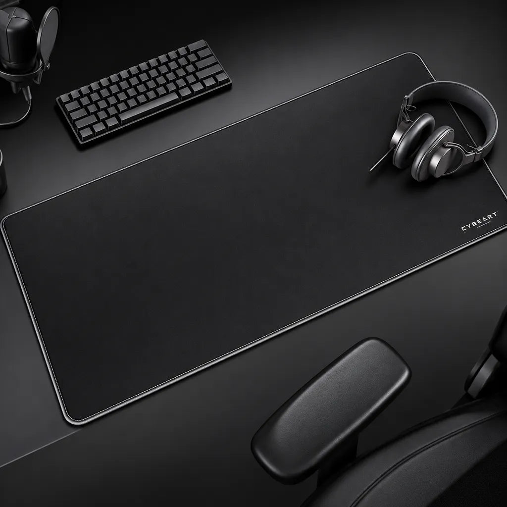 Cybeart Ghost XXL Gaming Mouse Pad Black 900x400mm on a dark desk setup with keyboard and headphones -tpstech.in