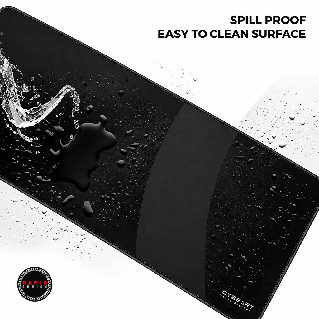 Cybeart Ghost XXL Gaming Mouse Pad Black 900x400mm with water splashing across easy to clean spill proof surface -tpstech.in