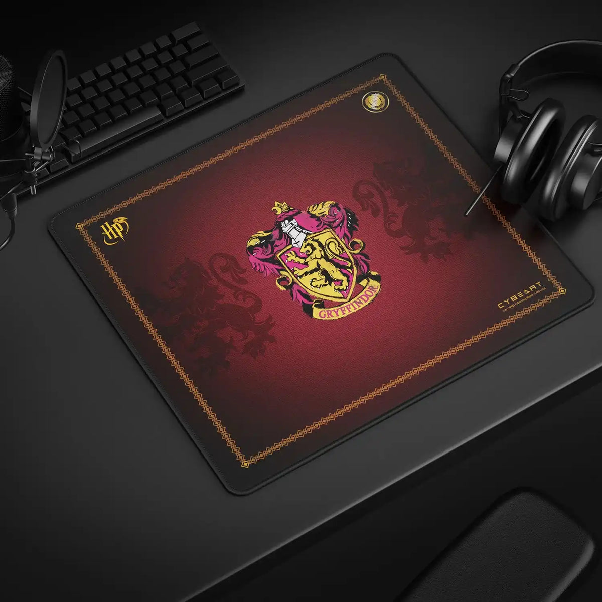 Cybeart Gryffindor Classic Large Gaming Mouse Pad with Micro-Woven Surface on desk setup with mechanical keyboard and headphones -tpstech.in