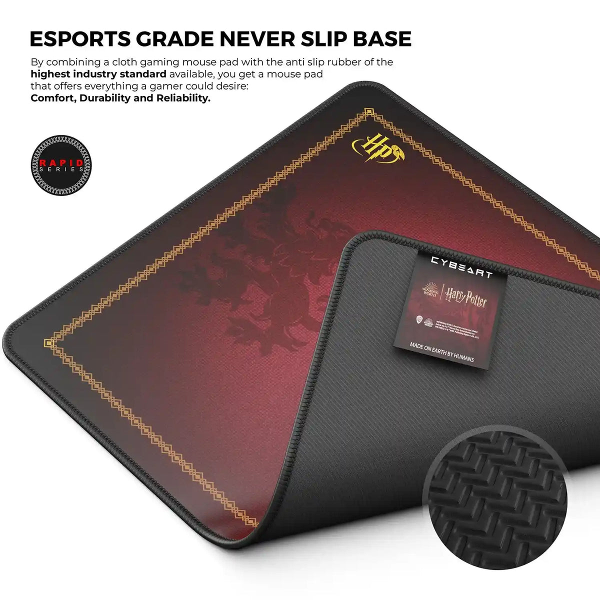 Cybeart Gryffindor Classic Large Gaming Mouse Pad with Micro-Woven Surface folded back showing esports grade anti slip rubber base -tpstech.in