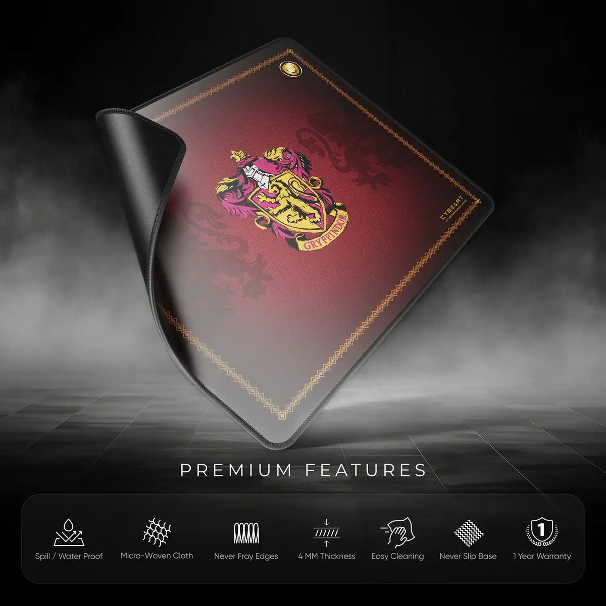 Cybeart Gryffindor Classic Large Gaming Mouse Pad with Micro-Woven Surface features overview highlighting 4mm thickness and waterproof material -tpstech.in