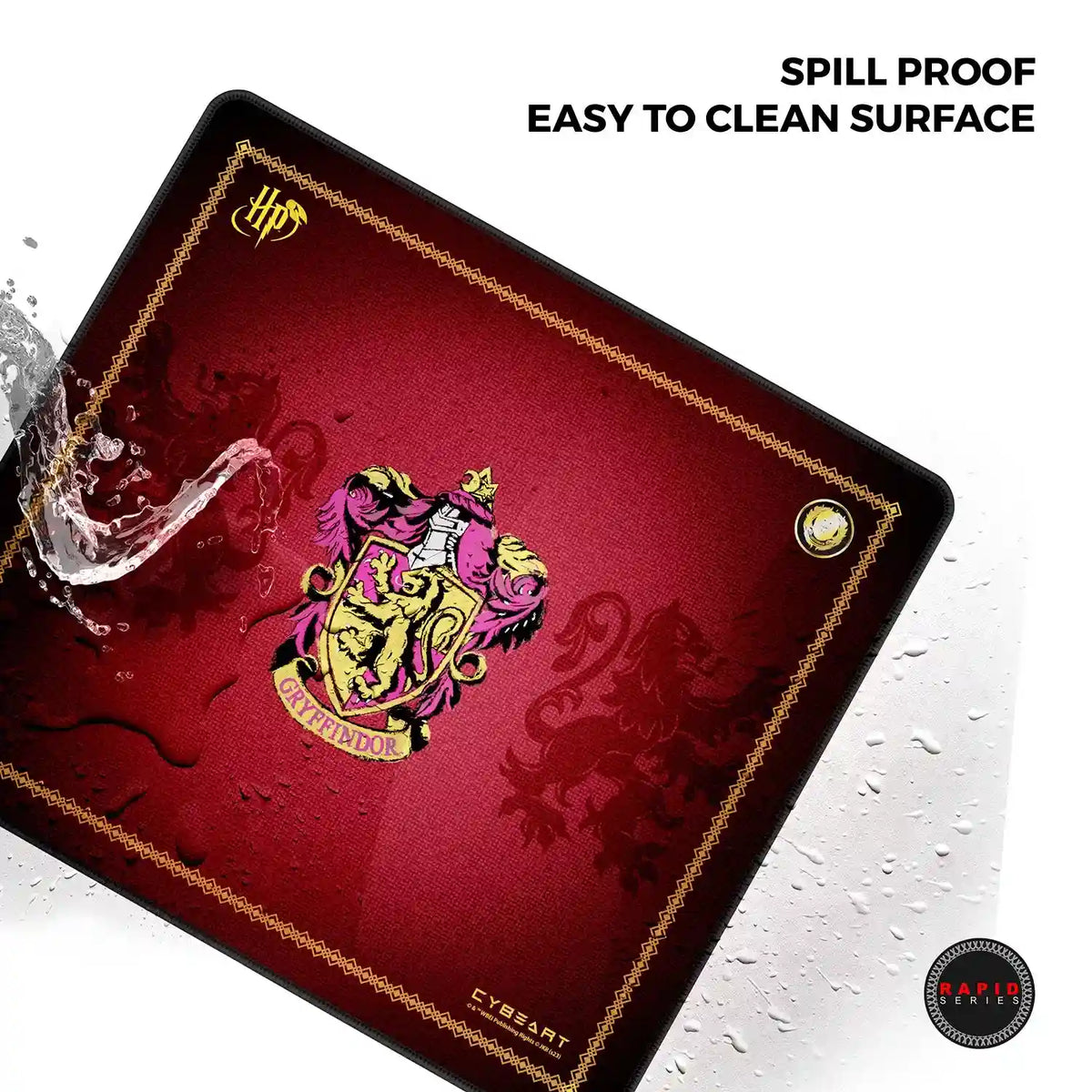 Cybeart Gryffindor Classic Large Gaming Mouse Pad with Micro-Woven Surface water splash demonstrating spill proof easy clean fabric -tpstech.in