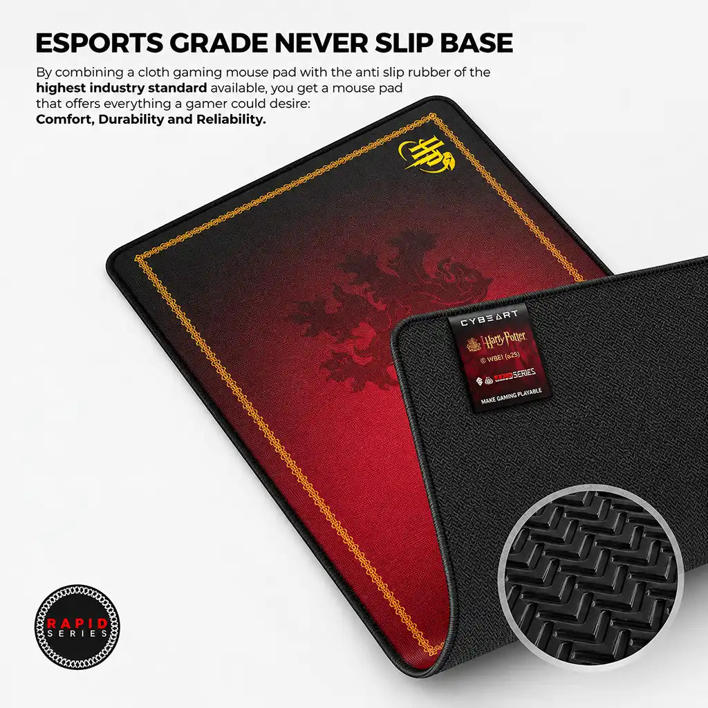 Cybeart Gryffindor Classic XXL Gaming Mouse Pad for PC Mac showing anti slip textured rubber base -tpstech.in