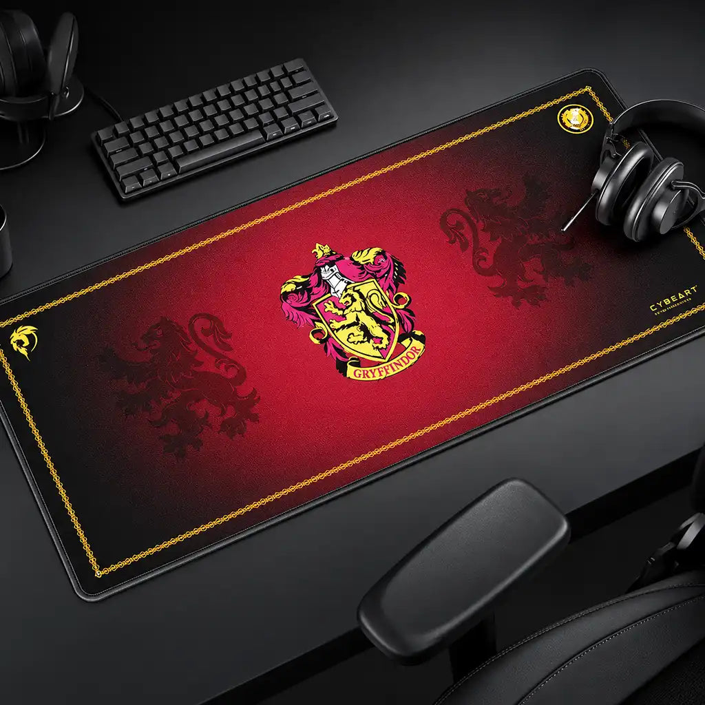 Cybeart Gryffindor Classic XXL Gaming Mouse Pad for PC Mac on gaming desk setup with keyboard and headphones -tpstech.in