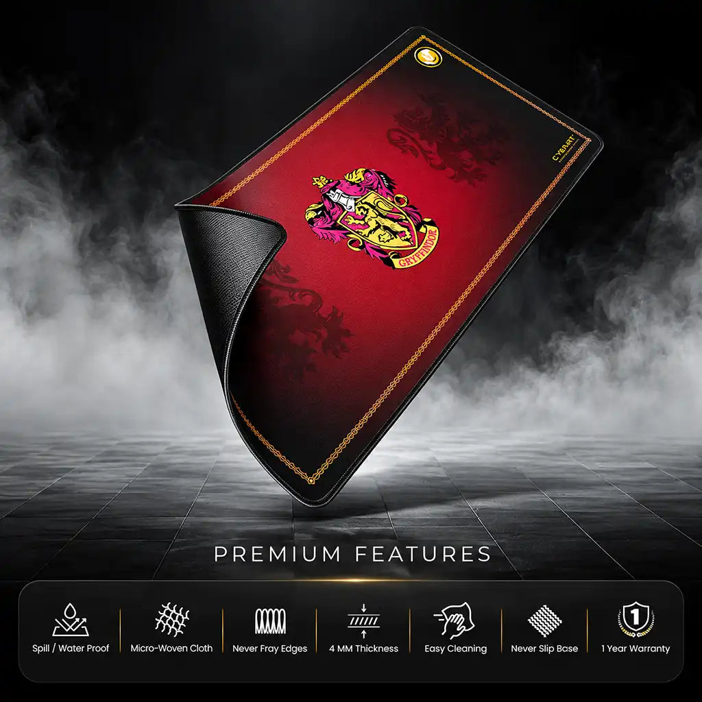 Cybeart Gryffindor Classic XXL Gaming Mouse Pad for PC Mac infographic highlighting key features and 4mm thickness -tpstech.in