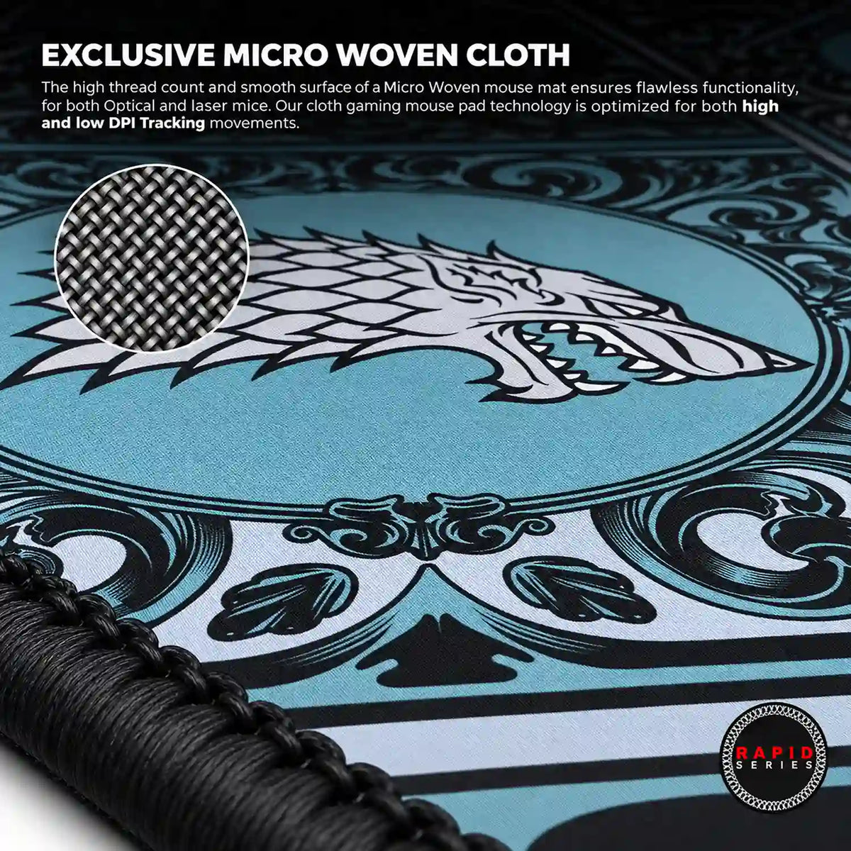 Cybeart House Stark Large Gaming Mouse Pad with Waterproof Surface close up macro view of exclusive micro woven cloth -tpstech.in