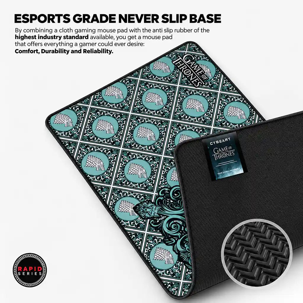 Cybeart House Stark XXL Gaming Desk Mat Waterproof showcasing anti slip textured rubber base -tpstech.in