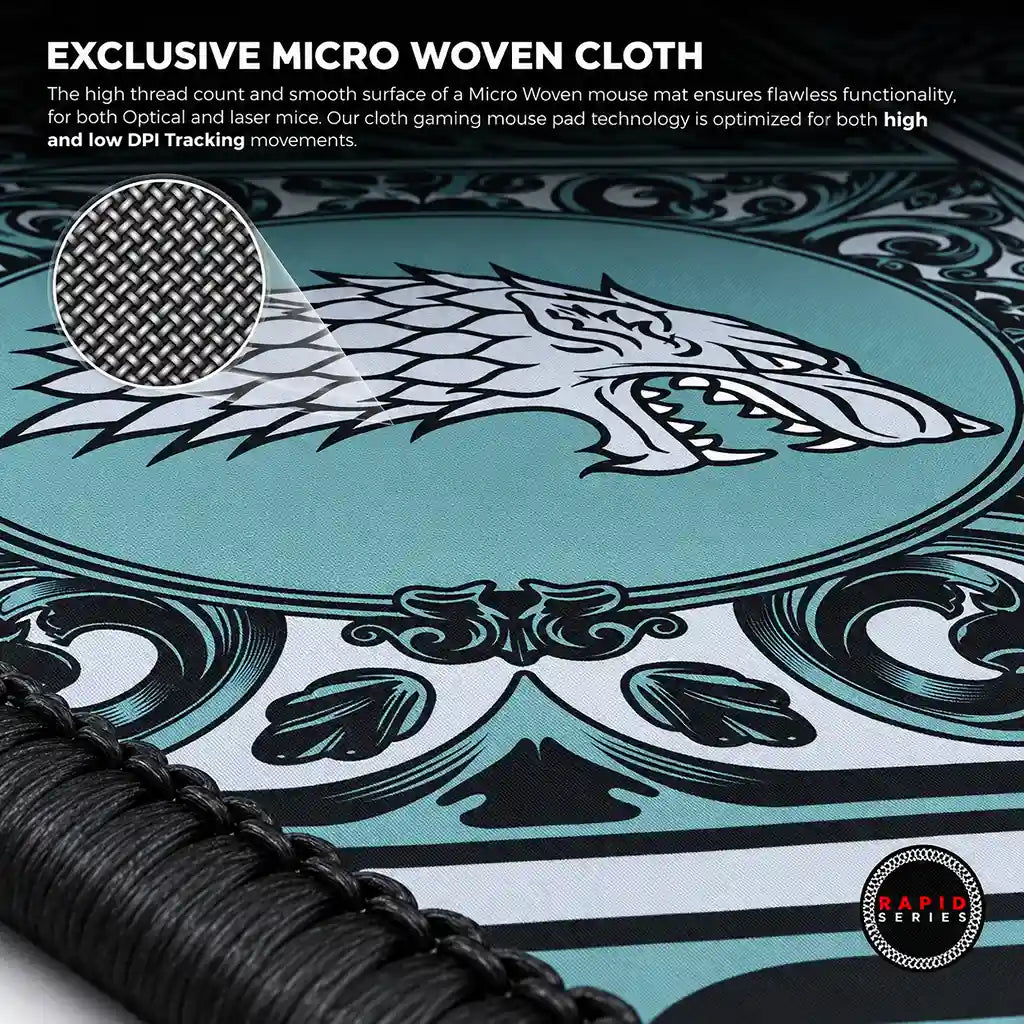 Cybeart House Stark XXL Gaming Desk Mat Waterproof close up view of micro woven cloth texture -tpstech.in