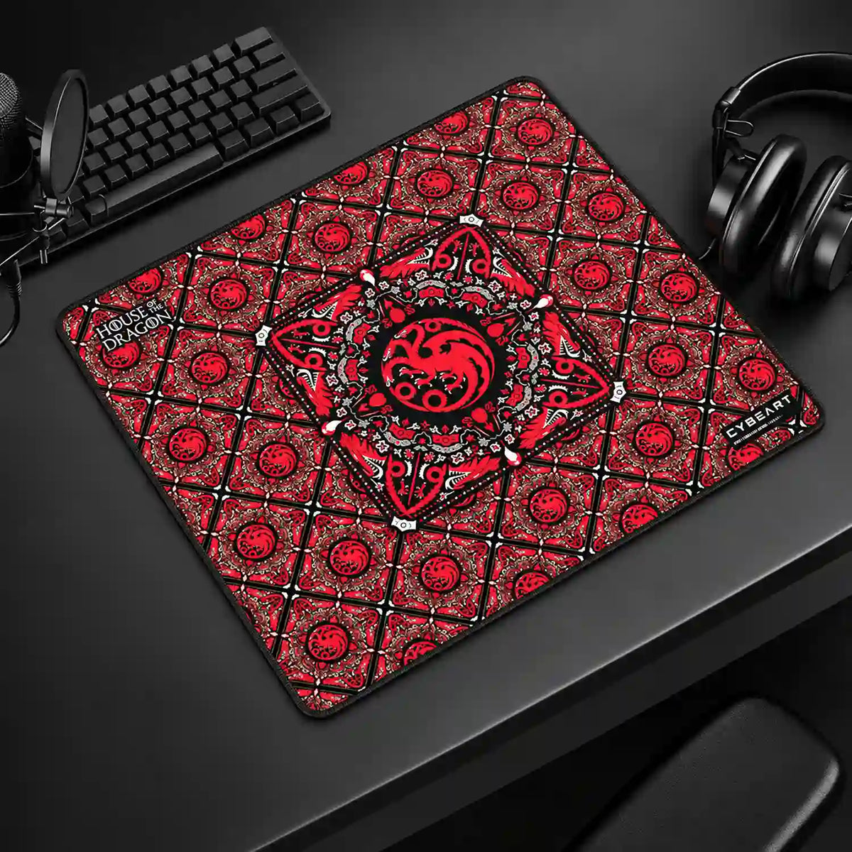 Cybeart House Targaryen Gaming Mouse Pad Large Waterproof styled in desk setup with keyboard and headphones -tpstech.in