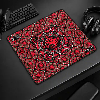 Cybeart House Targaryen Gaming Mouse Pad Large Waterproof styled in desk setup with keyboard and headphones -tpstech.in