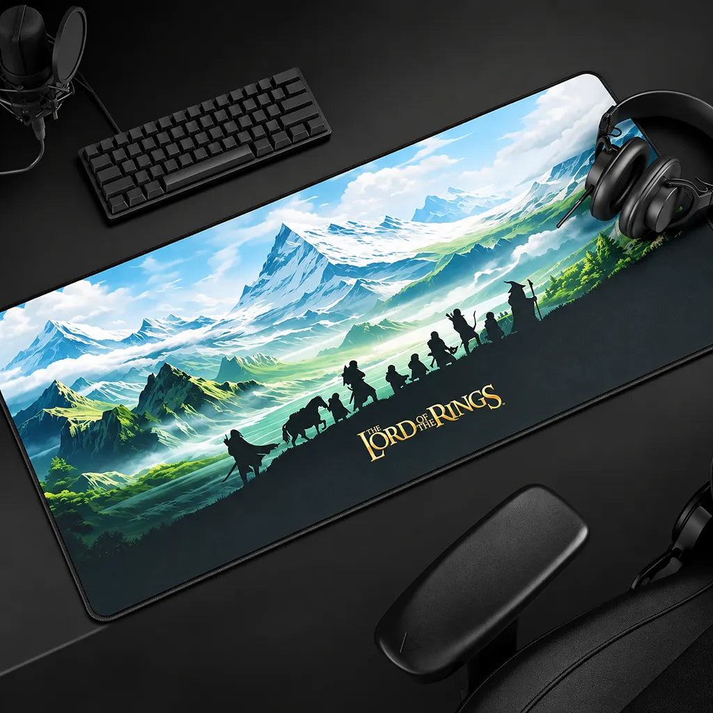 CYBEART Lord of The Rings XXL Gaming Mouse Pad placed on a gaming desk setup with keyboard and headphones -tpstech.in