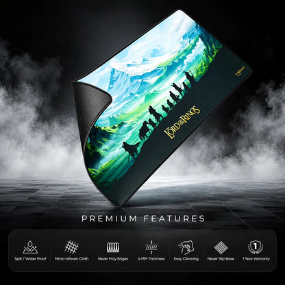 CYBEART Lord of The Rings XXL Gaming Mouse Pad infographic highlighting 4mm thickness, water resistance, and warranty -tpstech.in