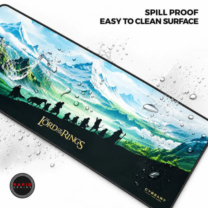 CYBEART Lord of The Rings XXL Gaming Mouse Pad with water droplets demonstrating spill proof easy clean surface -tpstech.in