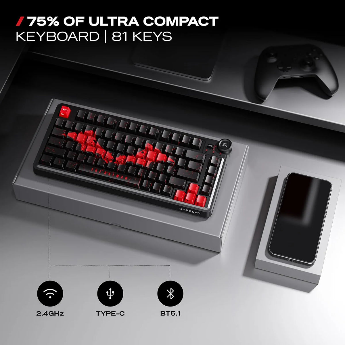 CYBEART Nighthawk 75 Batman Edition Wireless Mechanical Keyboard 75 percent 81-key ultra-compact layout on desk -tpstech.in