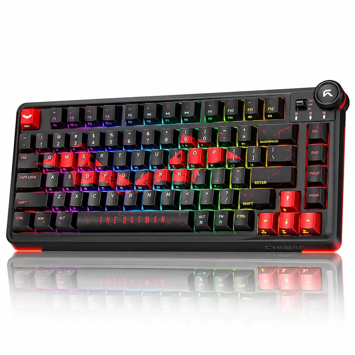 Angled view of CYBEART Nighthawk 75 Batman Edition Wireless Mechanical Keyboard showing red Batman logo keycaps and RGB lighting -tpstech.in