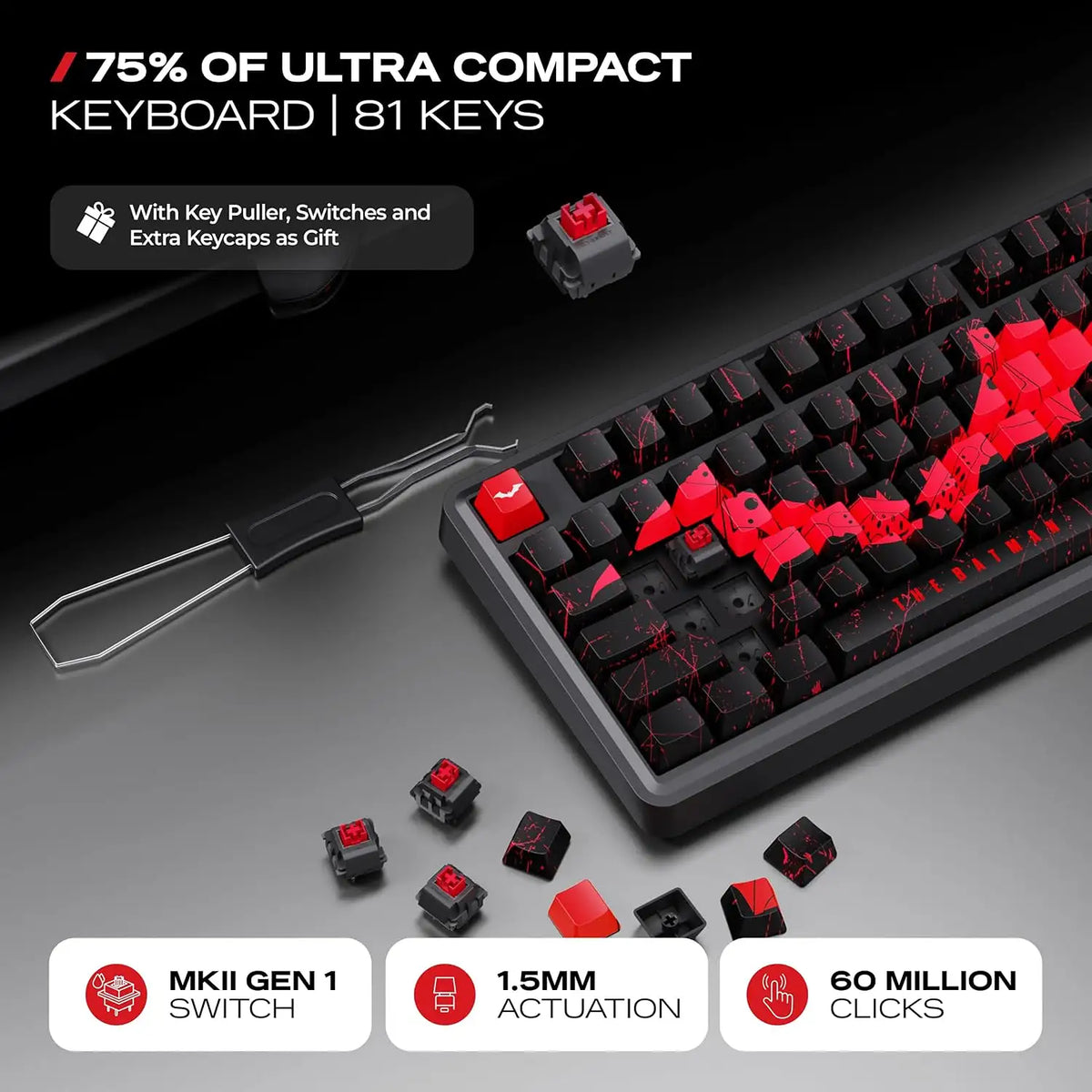 Keycap puller with extra switches and keycaps for CYBEART Nighthawk 75 Batman Edition Wireless Mechanical Keyboard -tpstech.in