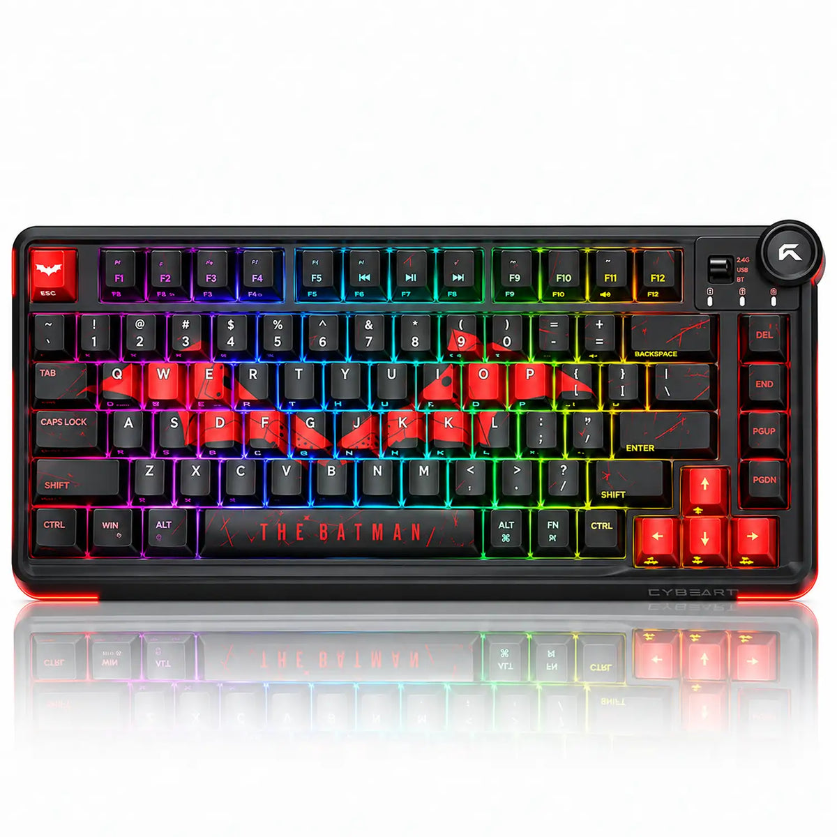 Top-down view of CYBEART Nighthawk 75 Batman Edition Wireless Mechanical Keyboard featuring The Batman theme and RGB backlighting -tpstech.in