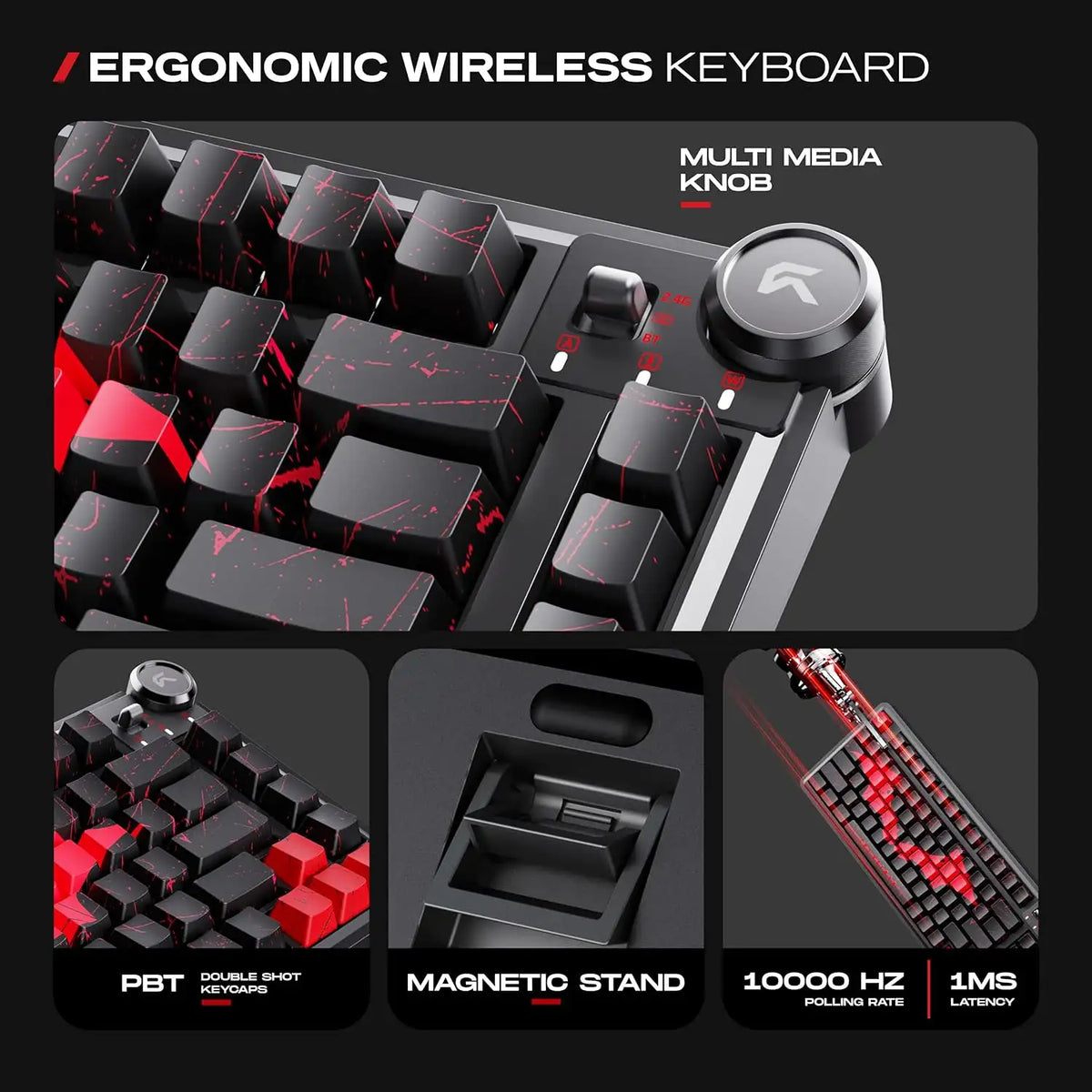 Close-up of multi-function volume knob, magnetic stand, and PBT double-shot keycaps on CYBEART Nighthawk 75 Batman Edition Wireless Mechanical Keyboard -tpstech.in