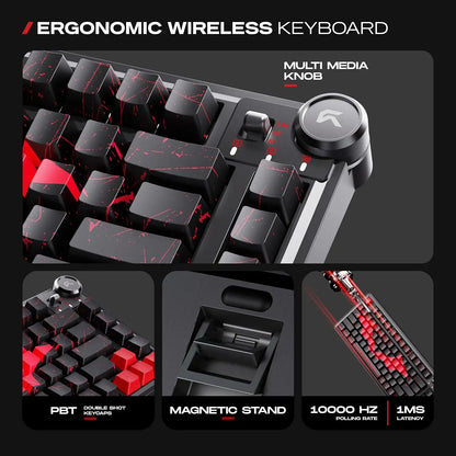 Close-up of multi-function volume knob, magnetic stand, and PBT double-shot keycaps on CYBEART Nighthawk 75 Batman Edition Wireless Mechanical Keyboard -tpstech.in