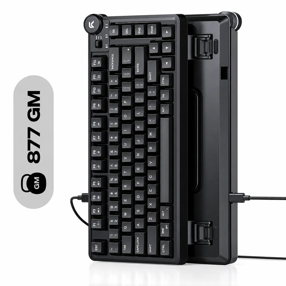 Front and underside view of Cybeart Nighthawk 75 Lite RGB mechanical keyboard highlighting 877g weight and adjustable kickstands -tpstech.in