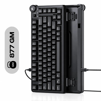 Front and underside view of Cybeart Nighthawk 75 Lite RGB mechanical keyboard highlighting 877g weight and adjustable kickstands -tpstech.in