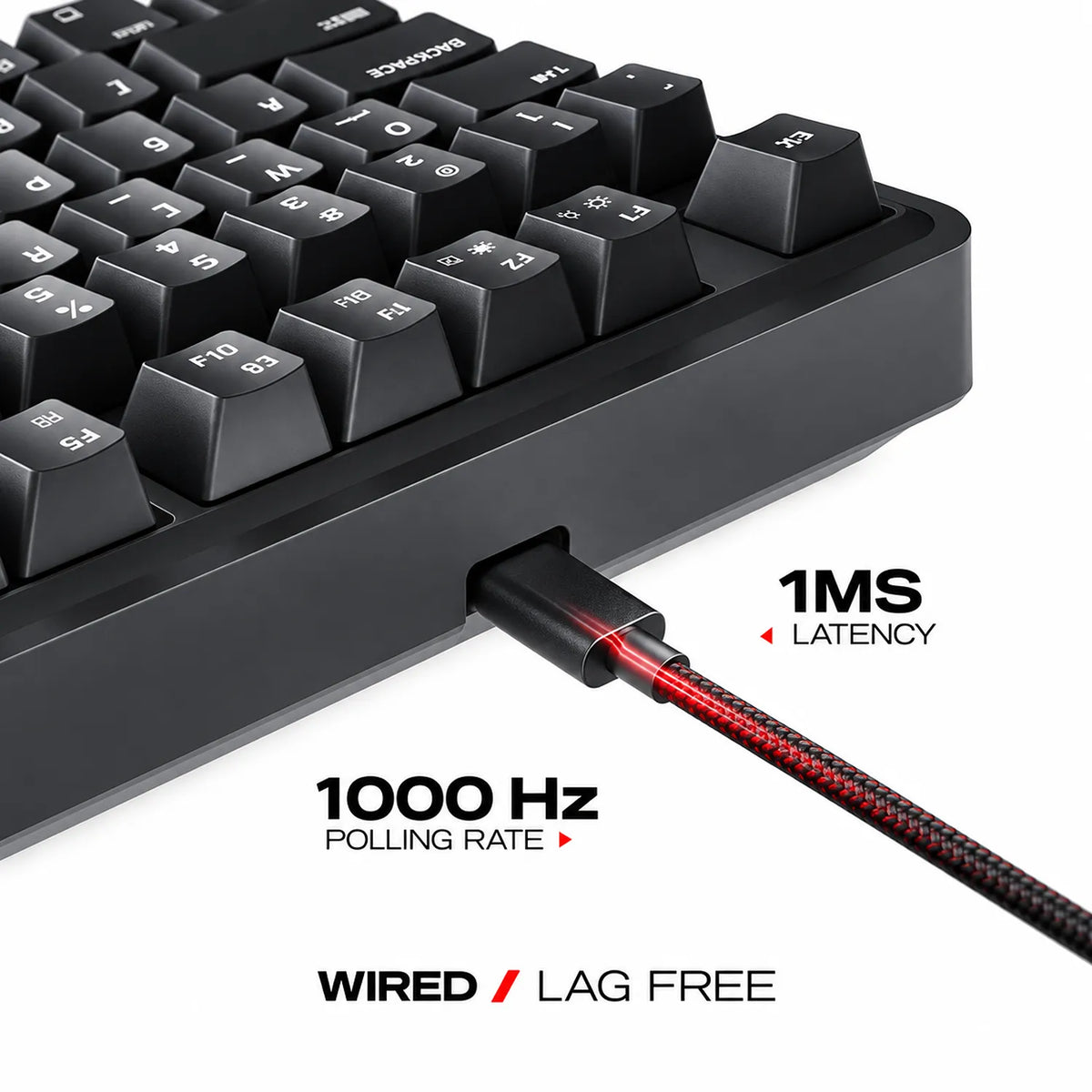 Close-up of Cybeart Nighthawk 75 Lite mechanical gaming keyboard detachable braided USB-C cable showing 1000Hz polling rate and 1ms latency -tpstech.in