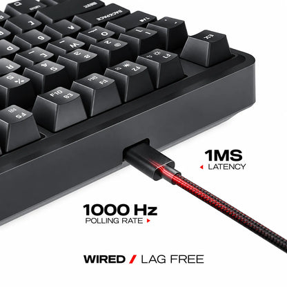 Close-up of Cybeart Nighthawk 75 Lite mechanical gaming keyboard detachable braided USB-C cable showing 1000Hz polling rate and 1ms latency -tpstech.in