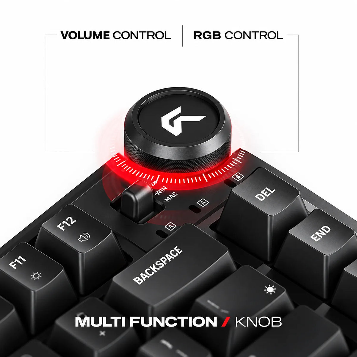 Detailed close-up of the multi-function control knob for volume and RGB adjustment on Cybeart Nighthawk 75 Lite gaming keyboard -tpstech.in