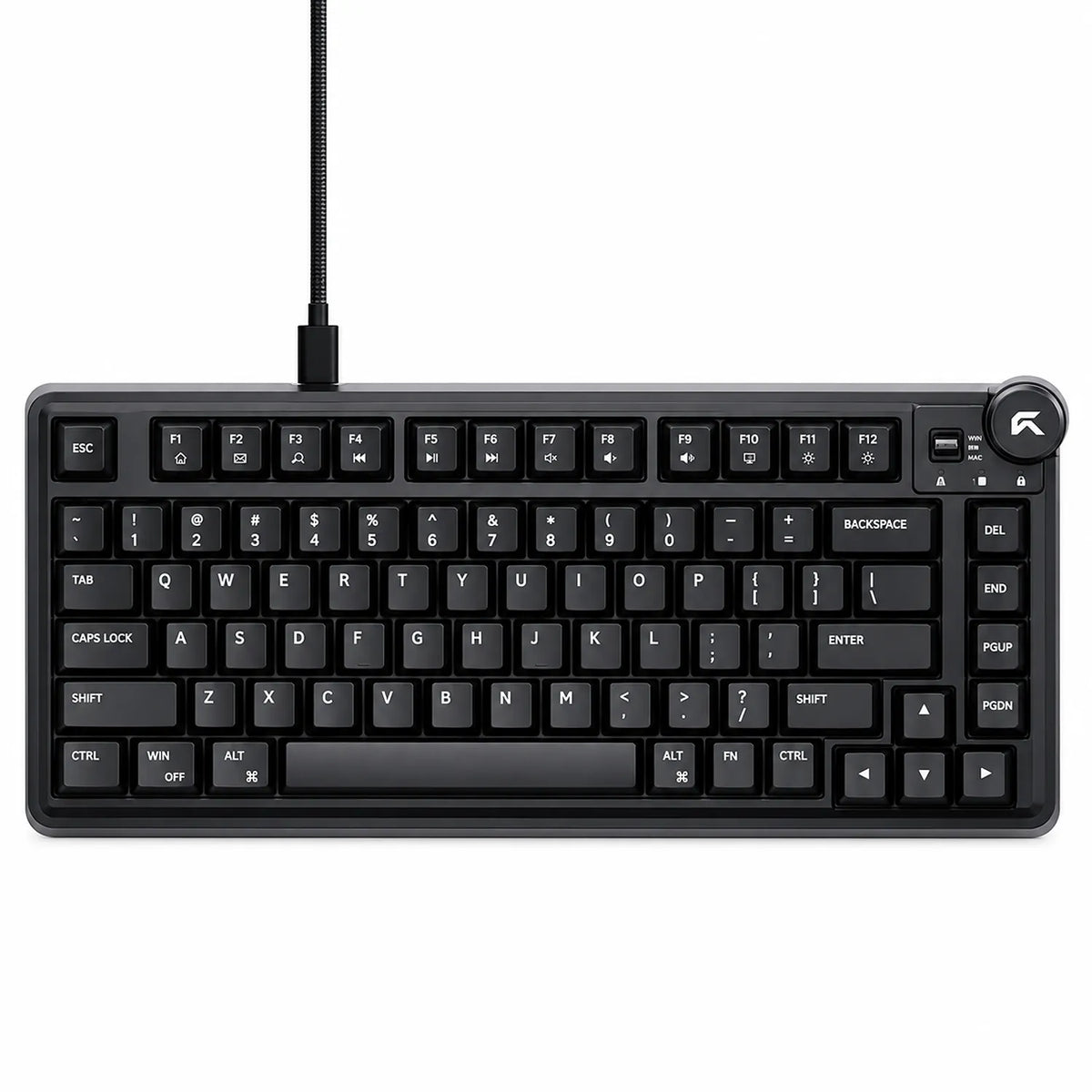 Top-down view of Cybeart Nighthawk 75 Lite RGB mechanical gaming keyboard 75% layout with black keycaps and volume knob -tpstech.in