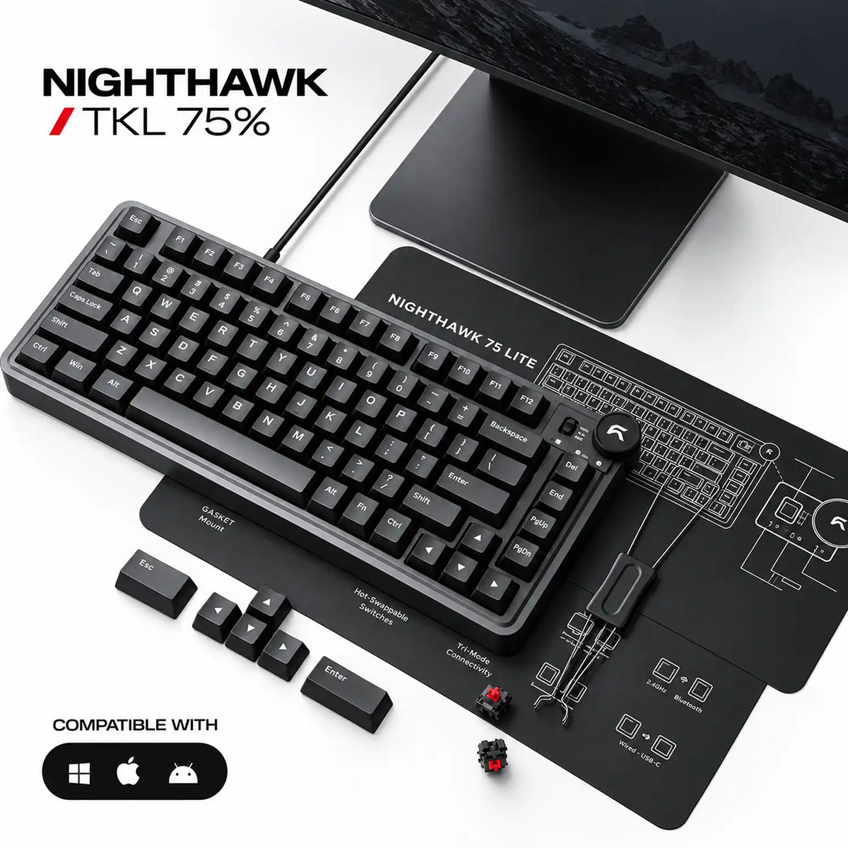 Desk setup view of Cybeart Nighthawk 75 Lite TKL mechanical keyboard with extra keycaps, switch puller, and replacement switches -tpstech.in