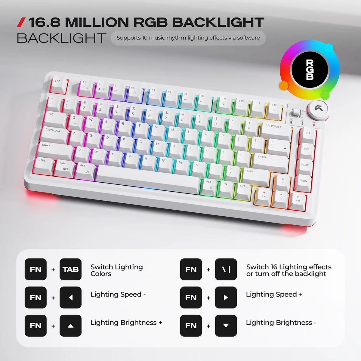 Cybeart Nighthawk 75 TKL Wireless RGB Mechanical Keyboard White displaying 16.8 million RGB backlight and lighting function shortcut keys -tpstech.in