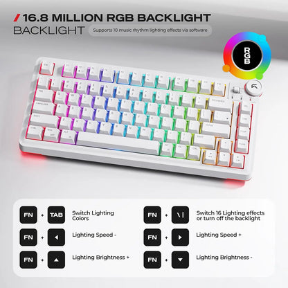 Cybeart Nighthawk 75 TKL Wireless RGB Mechanical Keyboard White displaying 16.8 million RGB backlight and lighting function shortcut keys -tpstech.in