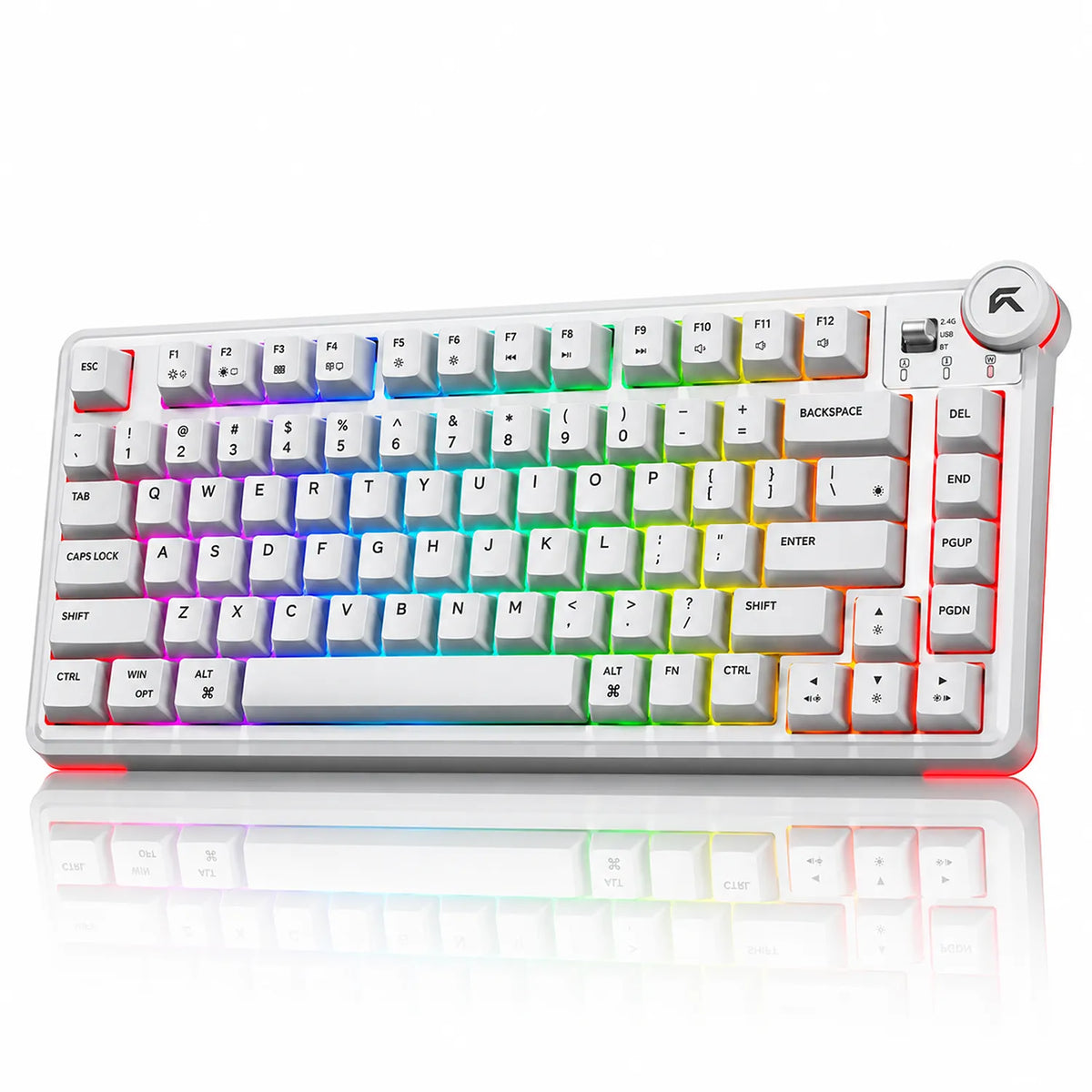 Side angled perspective of Cybeart Nighthawk 75 TKL Wireless RGB Mechanical Keyboard White illuminated with full RGB backlighting -tpstech.in