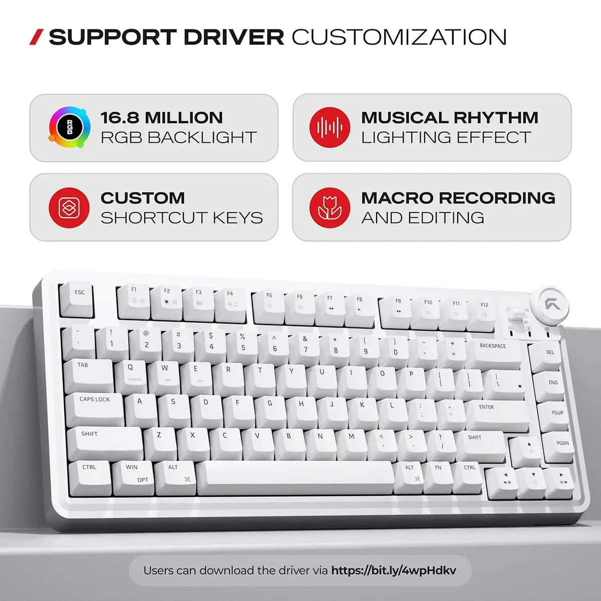 Software driver customization, shortcut keys, and macro recording support for Cybeart Nighthawk 75 TKL Wireless RGB Mechanical Keyboard White -tpstech.in
