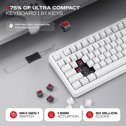 Cybeart Nighthawk 75 TKL Wireless RGB Mechanical Keyboard White with keycap puller, extra white keycaps, and linear mechanical switches -tpstech.in