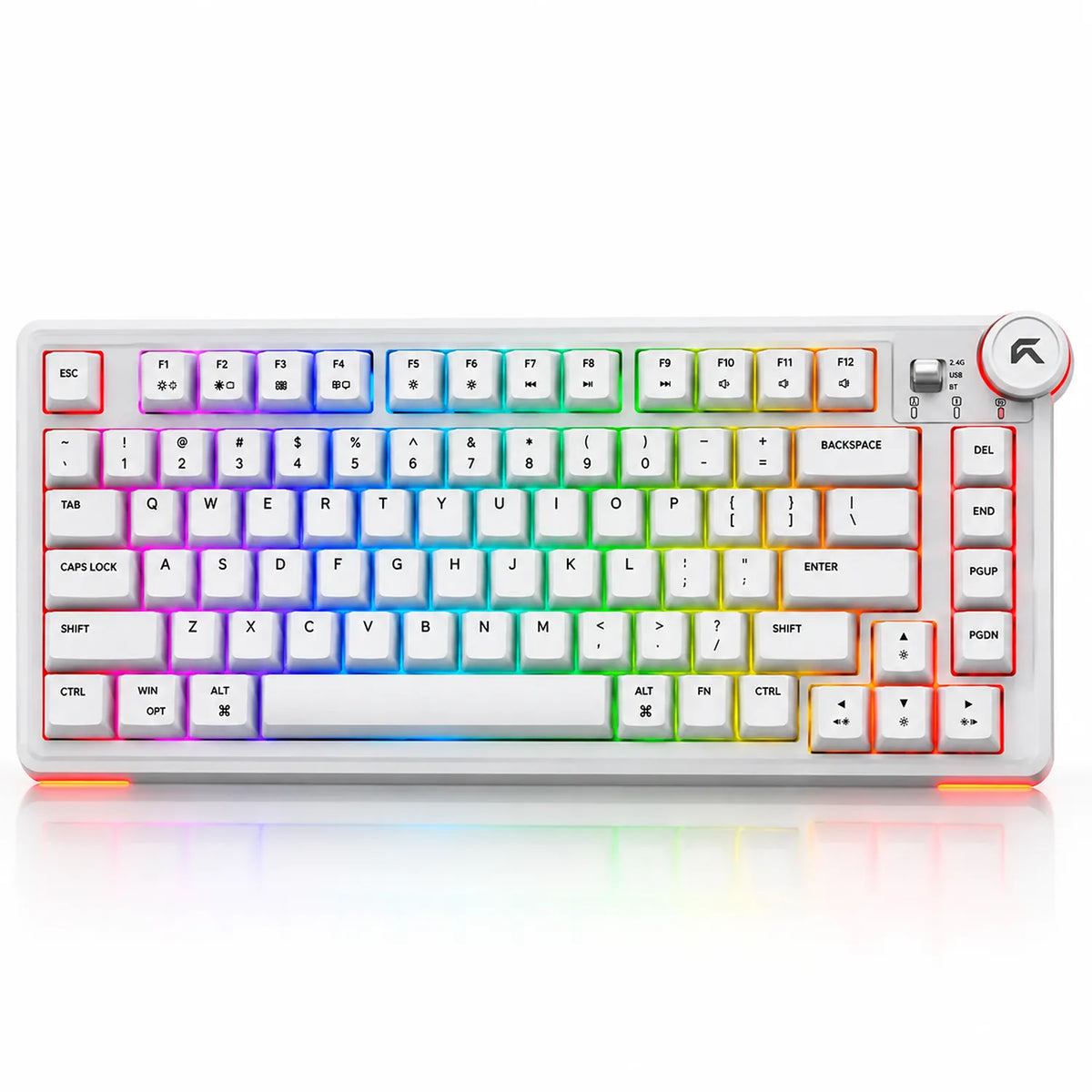 Top down view of Cybeart Nighthawk 75 TKL Wireless RGB Mechanical Keyboard White showing 81-key layout with active RGB light spectrum -tpstech.in