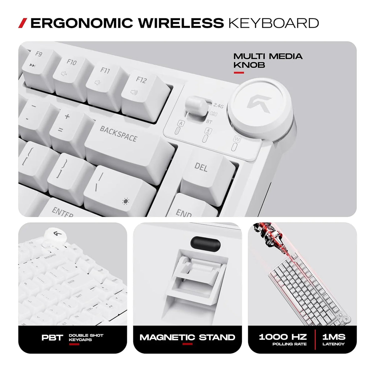 Close-up view of multi media volume knob, double shot PBT keycaps, magnetic stand, and 1000Hz polling rate of Cybeart Nighthawk 75 TKL Wireless RGB Mechanical Keyboard White -tpstech.in