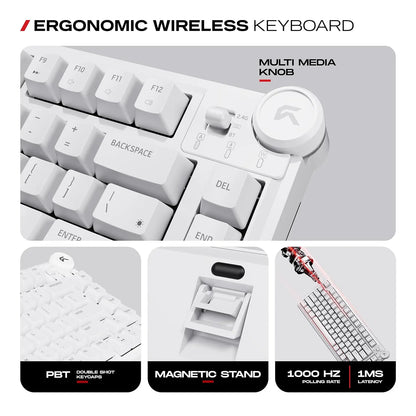 Close-up view of multi media volume knob, double shot PBT keycaps, magnetic stand, and 1000Hz polling rate of Cybeart Nighthawk 75 TKL Wireless RGB Mechanical Keyboard White -tpstech.in