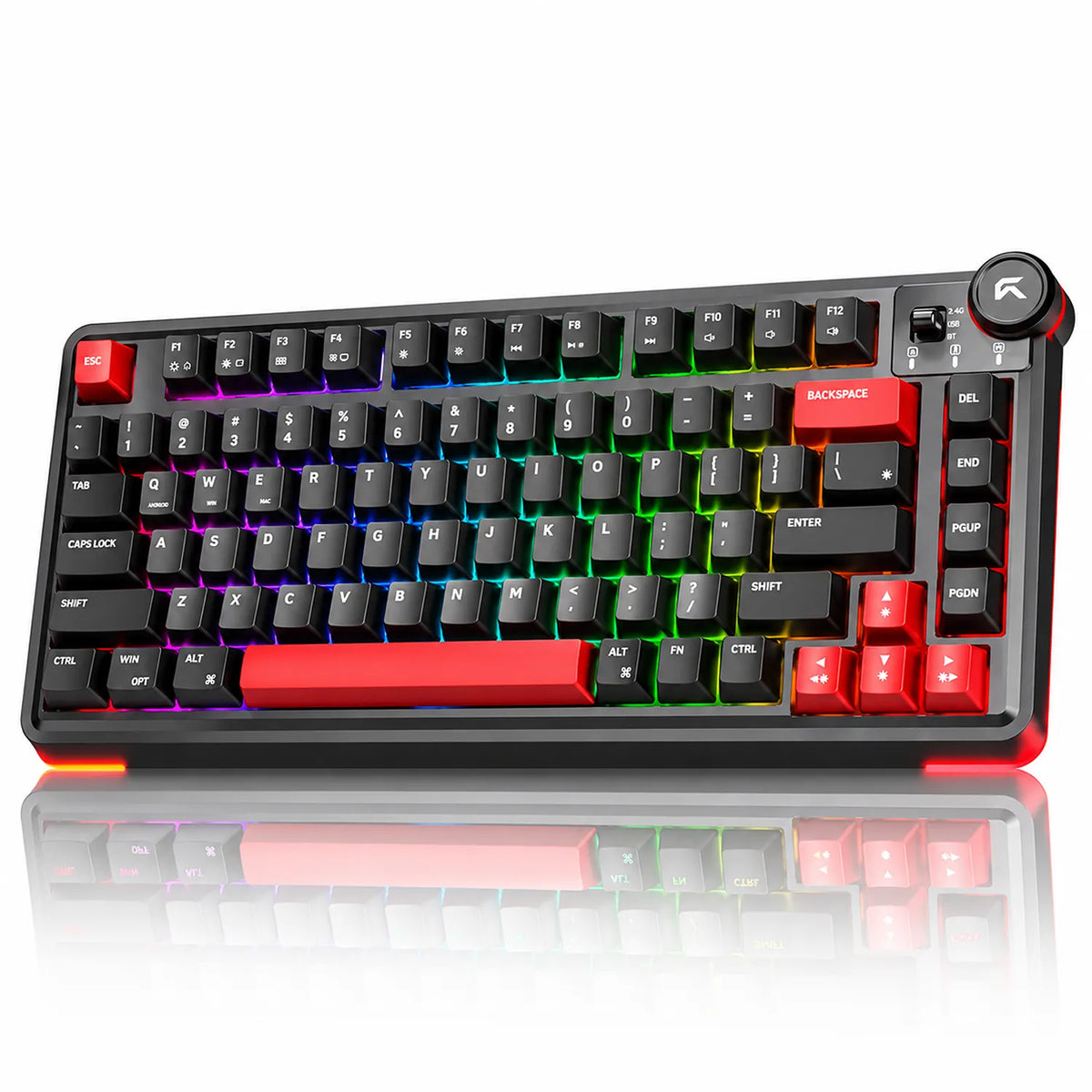 Angled perspective view of CYBEART Nighthawk 75 Wireless Mechanical Keyboard showing vibrant RGB edge and key lighting -tpstech.in