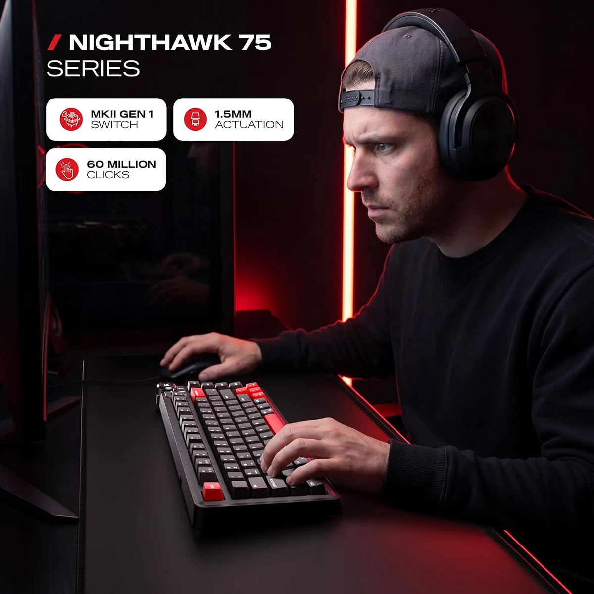 Gamer using CYBEART Nighthawk 75 Wireless Mechanical Keyboard in a gaming setup with MKII Gen 1 switches -tpstech.in