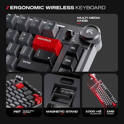 Close-up of multi media volume knob, PBT double shot keycaps, magnetic stand, and 1000Hz polling rate of CYBEART Nighthawk 75 -tpstech.in