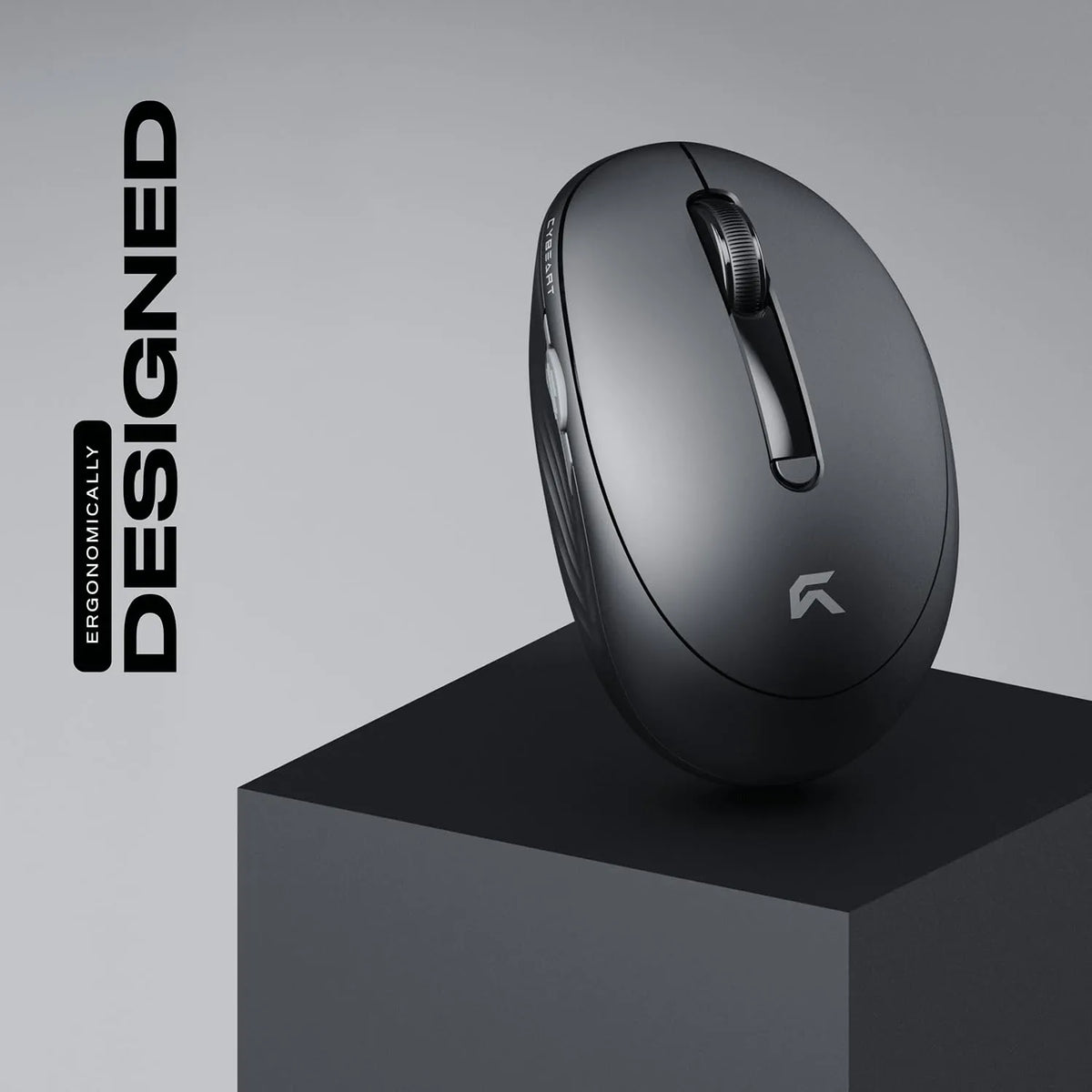 Ergonomically designed Cybeart Pocket Wireless Ergonomic Mouse 2400 DPI Dual Mode resting on display stand -tpstech.in