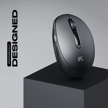 Ergonomically designed Cybeart Pocket Wireless Ergonomic Mouse 2400 DPI Dual Mode resting on display stand -tpstech.in