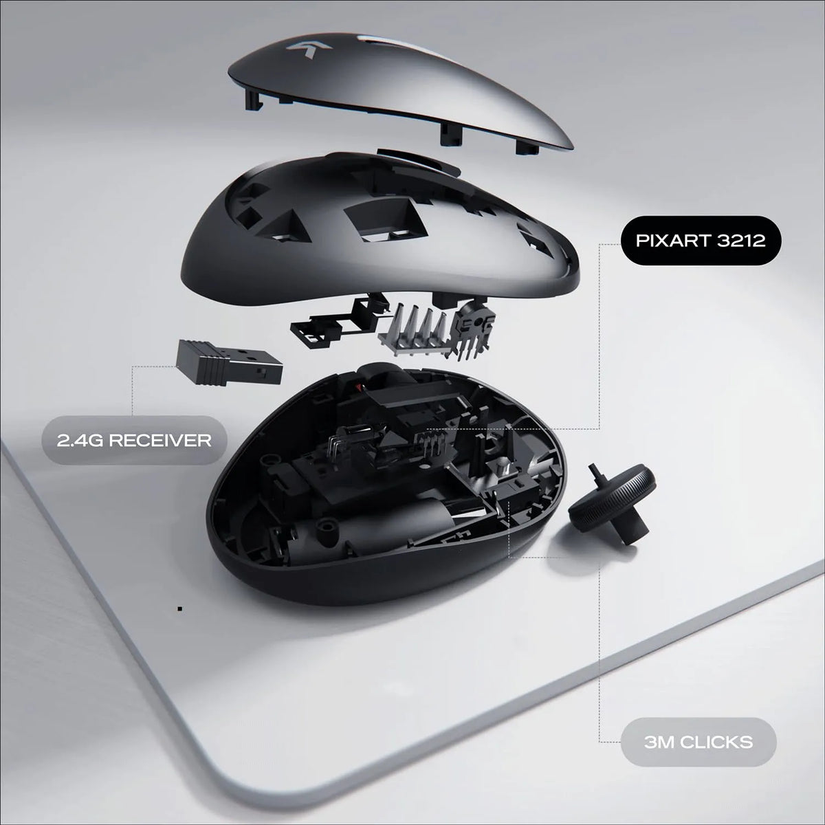 Exploded internal view showing PixArt 3212 sensor and 2.4G receiver of Cybeart Pocket Wireless Ergonomic Mouse 2400 DPI Dual Mode -tpstech.in