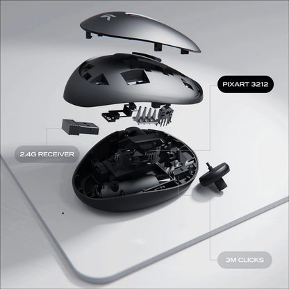 Exploded internal view showing PixArt 3212 sensor and 2.4G receiver of Cybeart Pocket Wireless Ergonomic Mouse 2400 DPI Dual Mode -tpstech.in
