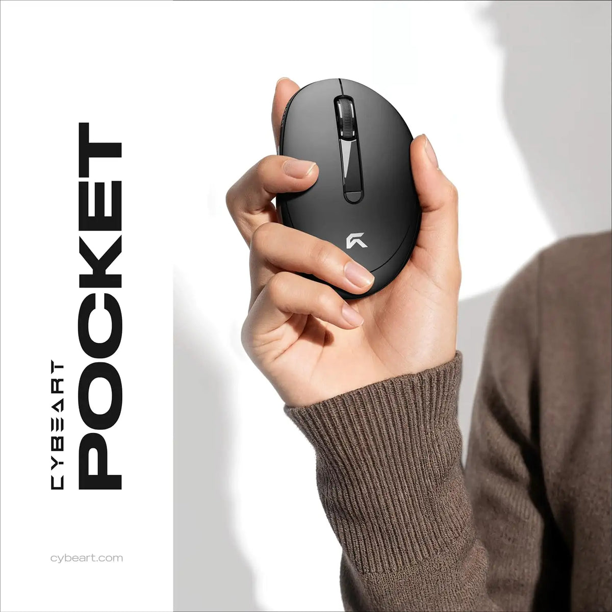 Hand holding compact Cybeart Pocket Wireless Ergonomic Mouse 2400 DPI Dual Mode showing portable size -tpstech.in
