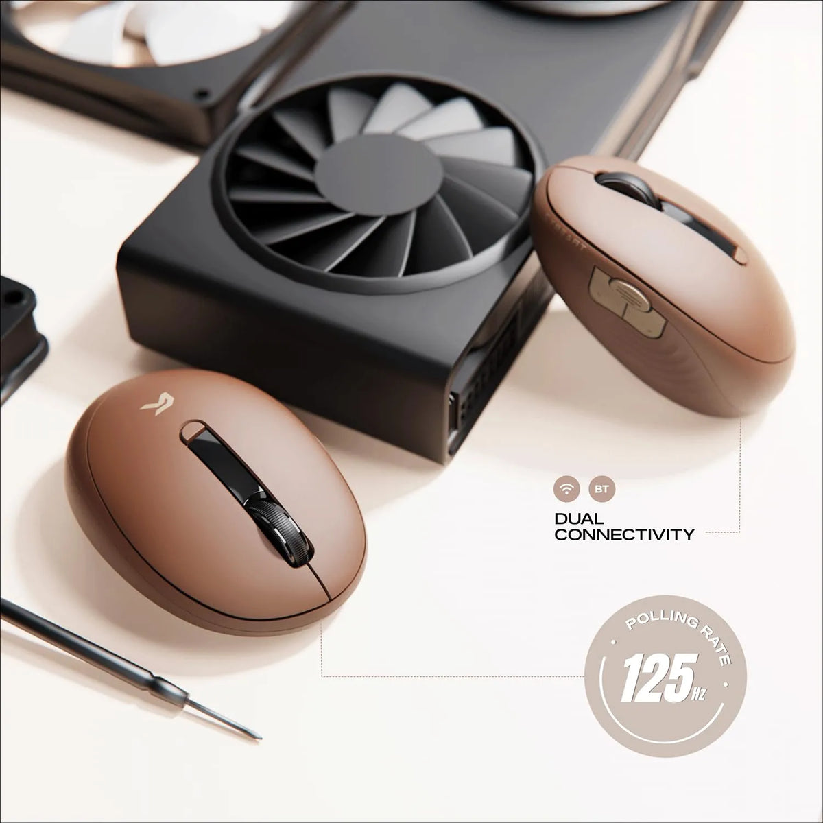 Cybeart Pocket Wireless Ergonomic Mouse 2400 DPI Mocha Mousse featuring dual connectivity and 125Hz polling rate -tpstech.in
