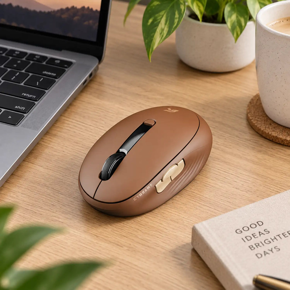 Cybeart Pocket Wireless Ergonomic Mouse 2400 DPI Mocha Mousse placed on a modern wooden desk setup with laptop -tpstech.in