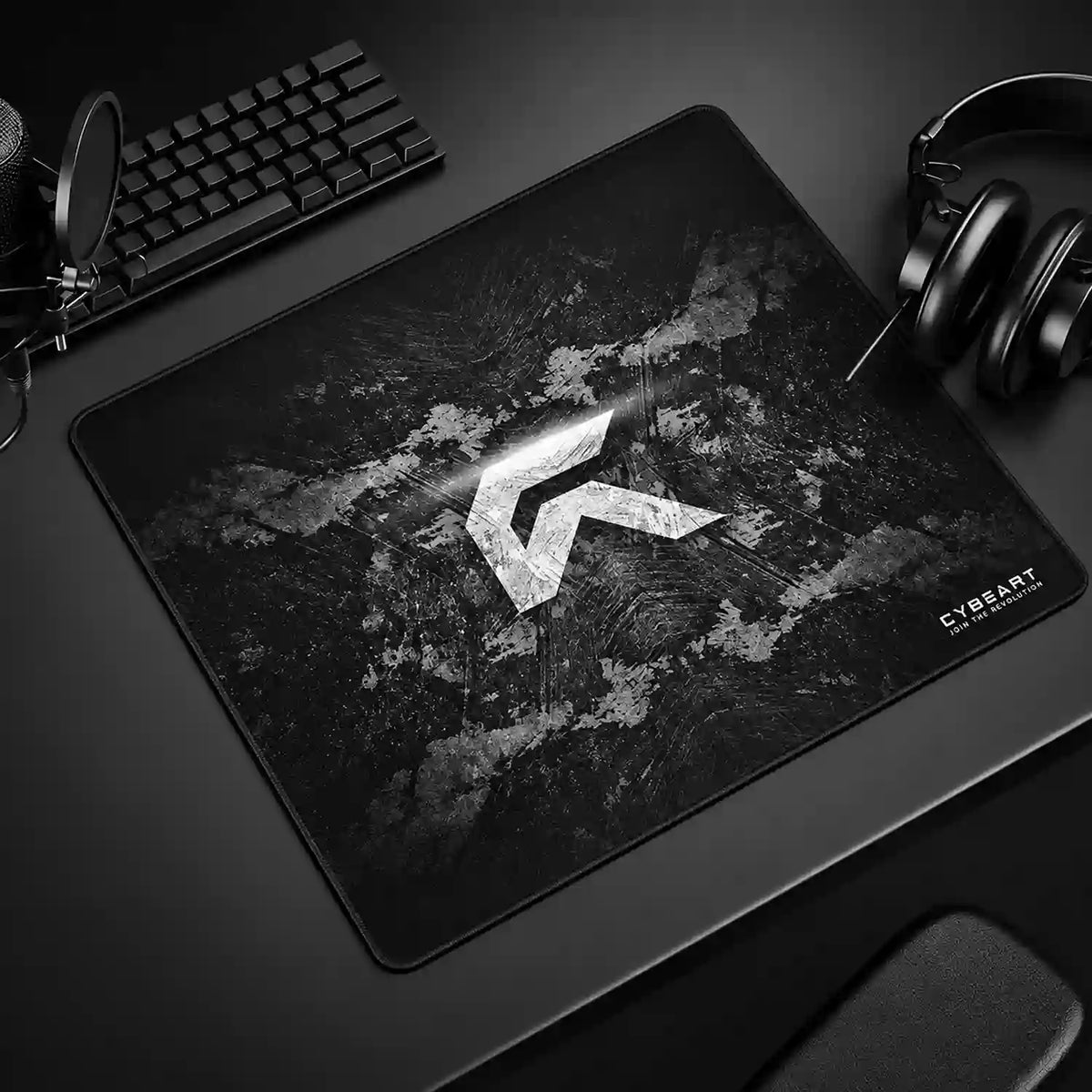 Cybeart Signature Edition Large Gaming Mouse Pad in gaming desk setup with keyboard and headphones -tpstech.in